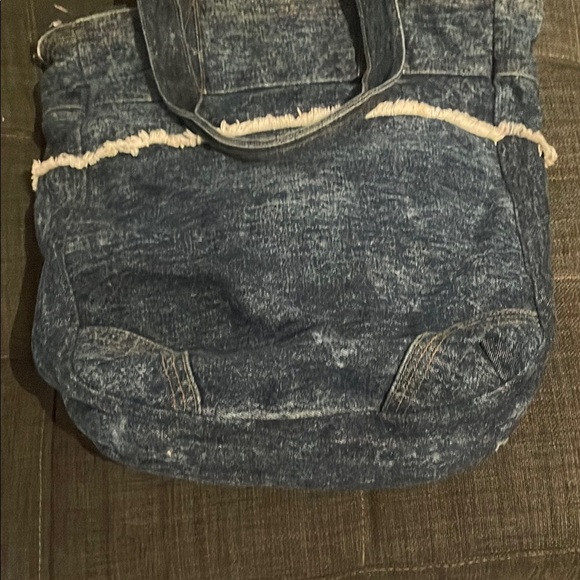 Denim Textured Tote Bag with fringe. - Picture 3 of 6
